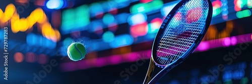 Sports betting and gambling concept with data and charts with tennis racket and ball