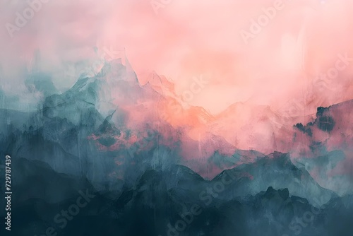 Ethereal abstract landscapes, using digital brush strokes and a pastel color palette, ideal for creative backgrounds, evoking serene and imaginative vistas. photo