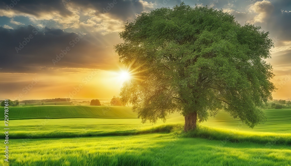 a sunset over a green field  with the sun shining through the clouds and the sun shining through the leaves,  wind moving green grass, panoramic view, summer scenery