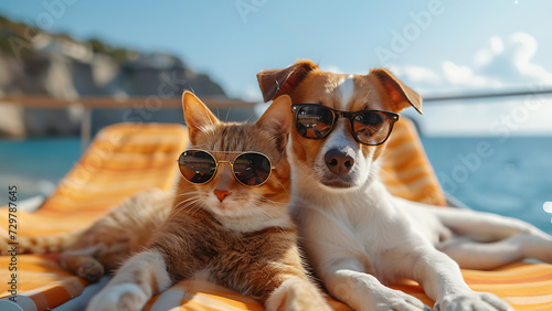 Cat and dog wearing sunglasses relaxing on beach chairs.