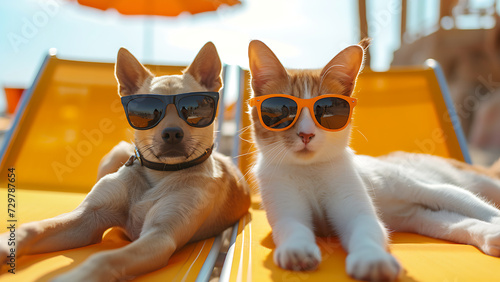 Wallpaper Mural Cat and dog wearing sunglasses relaxing on beach chairs. Torontodigital.ca