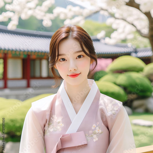 A beautiful Korean woman wearing a traditional Korean dress  Hanbok 