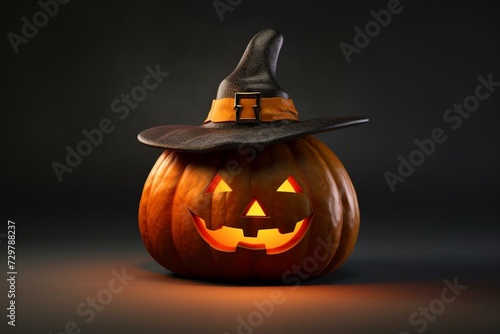 A 3D rendered picture of a Halloween pumpkin with a witch hat. Generative AI