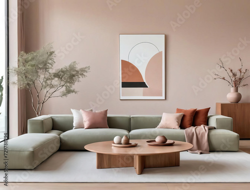 Serenity in Minimalism - Professional close-up photo of a sleek and polished living room with multi-functional furniture and clean lines Gen AI photo