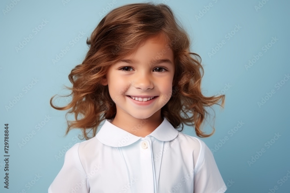 Portrait of a smiling little girl with curly hair over blue background Portrait of a smiling little girl with curly hair over blue background