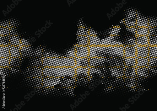 Vector-based retro paper print texture with abstract silver and gold dots, set against a black background. A smoky effects illustration.