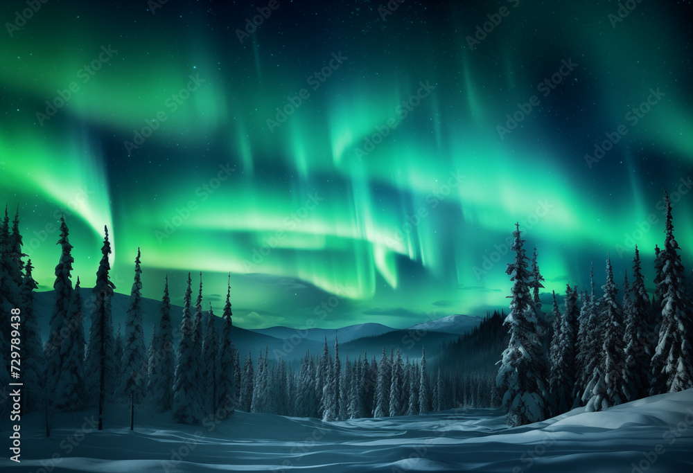 Horizontal image of northern lights or polar lights (aurora) and winter snowy night forest