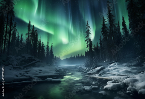 Horizontal image of northern lights or polar lights (aurora) and winter snowy night forest