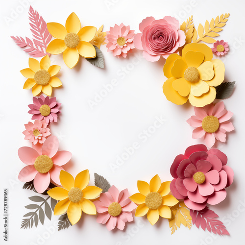 Beautiful wreath of paper flowers in pink  yellow and pastel shades  frame  space for text and design