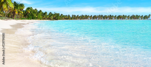 Fototapeta Naklejka Na Ścianę i Meble -  Tropical paradise island panoramic view, sea sand beach panorama, exotic nature, ocean water, wave, palm tree, sun sky cloud, beautiful Caribbean landscape, Maldives, Thailand, summer holiday vacation