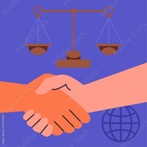 Ethics in International Relations. Representation of the country around the world. Negotiation process, diplomatic event.  Flat vector illustration.