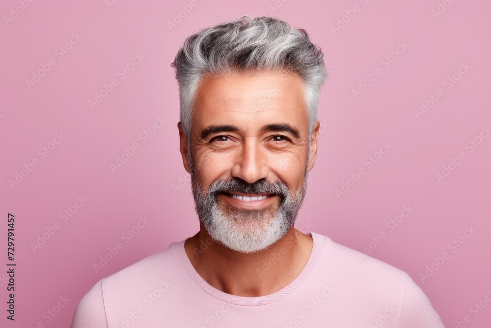 Portrait of handsome mature man with grey hair and beard, isolated over pink background Portrait of handsome mature man with grey hair and beard, isolated over pink background