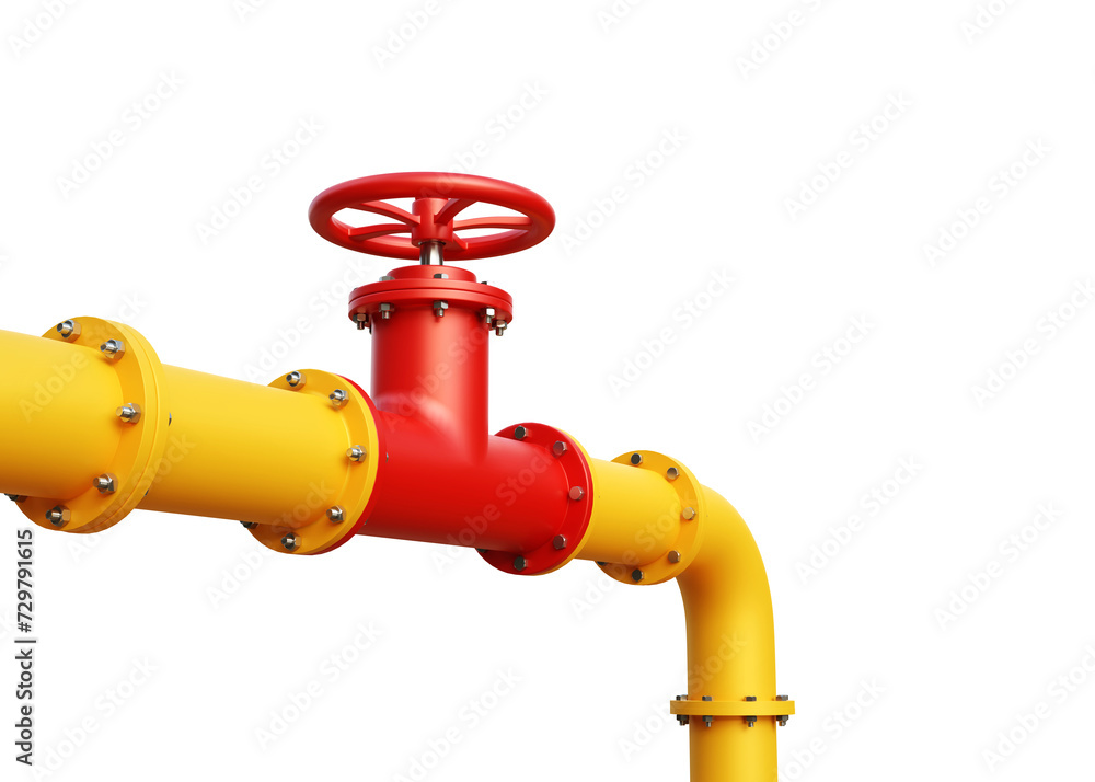 Yellow pipeline with red crane isolated on white background. Oil and gas industry concept. 3d-rendering