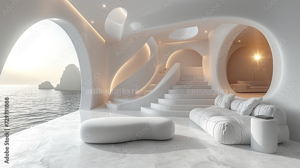 Living room interior with sofa, white floor and stairs. Created with Ai - obrazy, fototapety, plakaty 