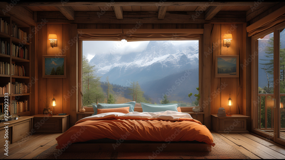 Bedroom - cabin - - rustic - meticulous symmetry - perfectly centered composition Bedroom - cabin - - rustic - meticulous symmetry - perfectly centered composition