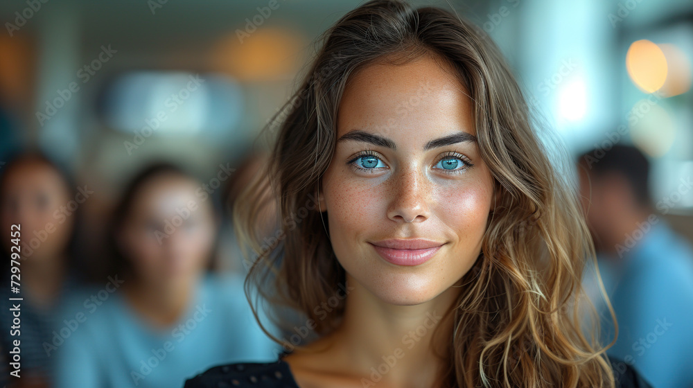 Happy young manager holding business meeting with colleagues in office and looking at camera Happy young manager holding business meeting with colleagues in office and looking at camera