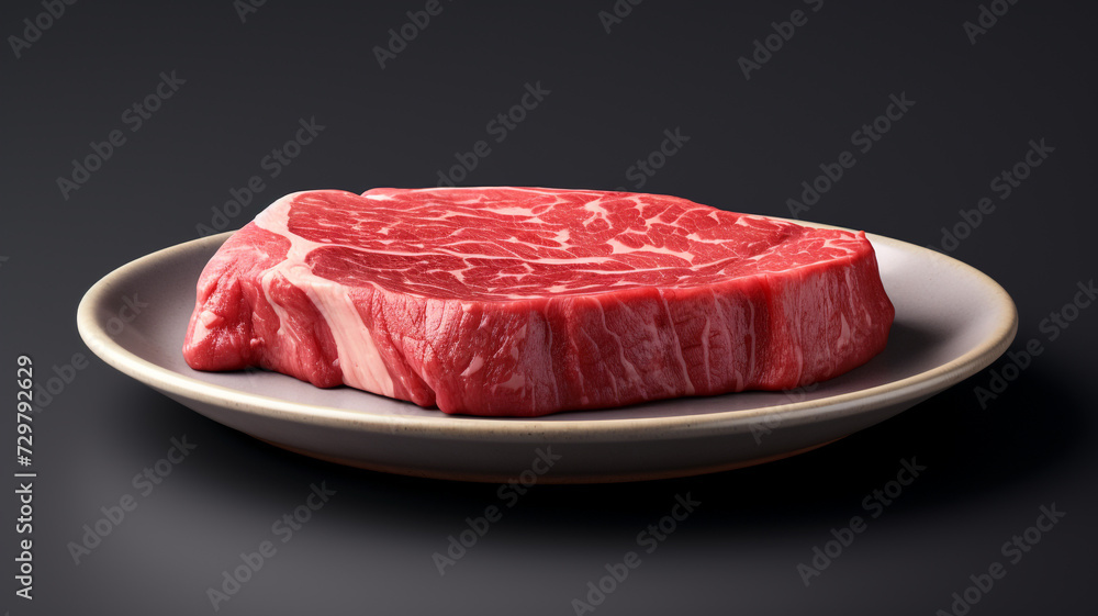 Raw red beef meat on a flat ceramic plate. Raw red beef meat on a flat ceramic plate.
