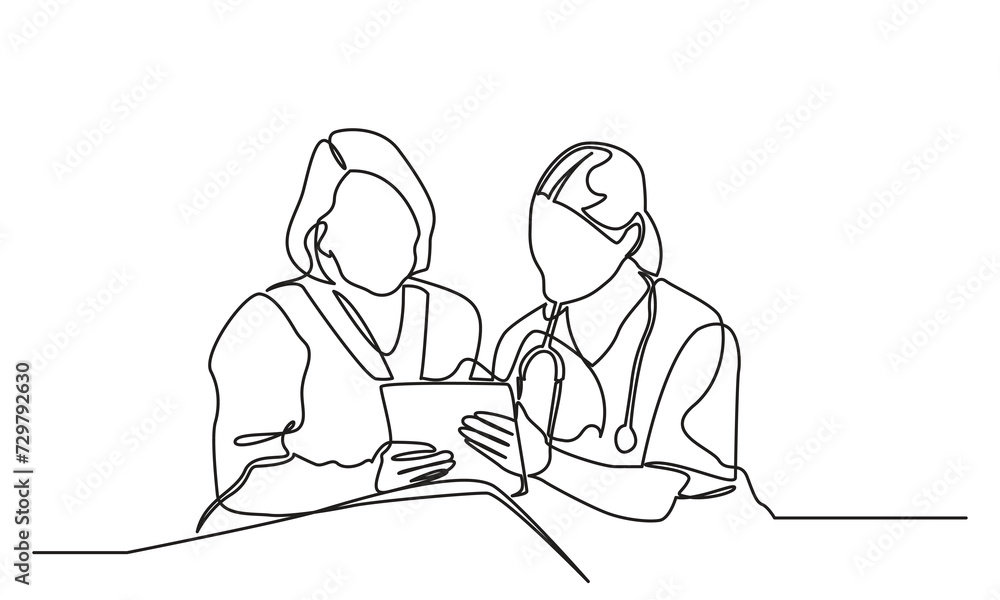 Continuous line drawing of a woman doctor showing patient paper documents. The young female doctor gives female patients consultation sessions while reading medical records. vector illustration
Continuous line drawing of a woman doctor showing patient paper documents. The young female doctor gives female patients consultation sessions while reading medical records. vector illustration