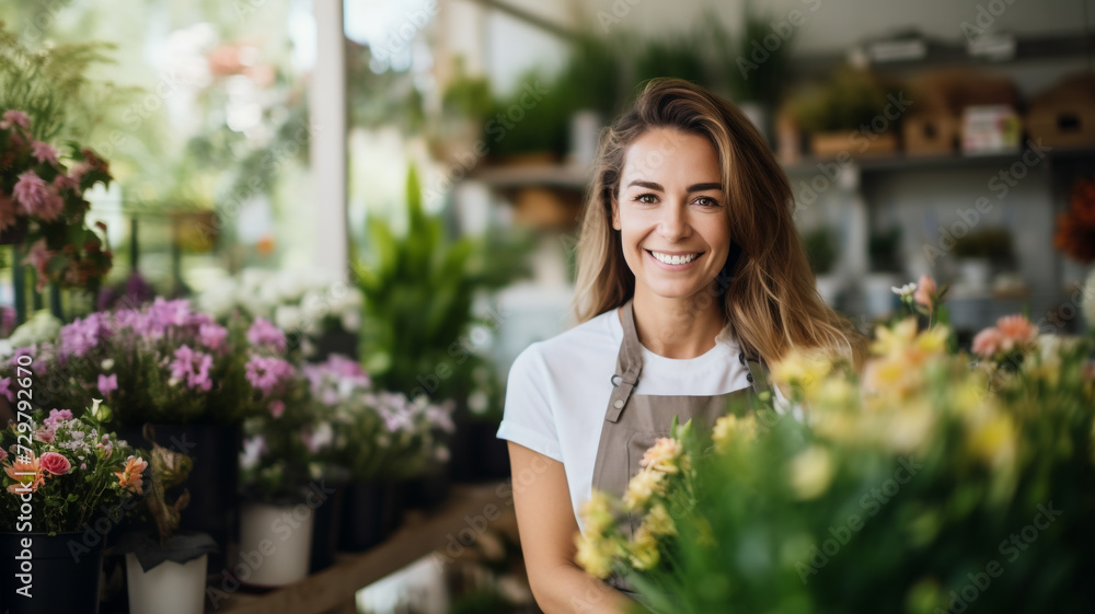 happy young woman standing in her flower shop