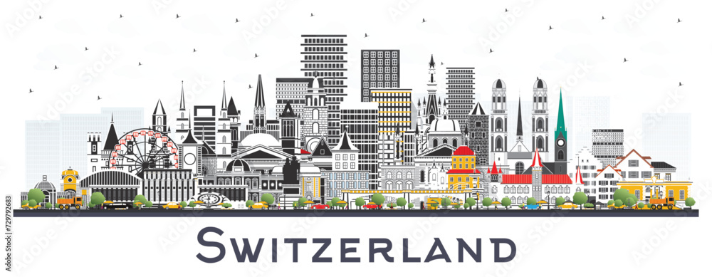 Obraz premium Switzerland City Skyline with Gray Buildings isolated on white. Modern and Historic Architecture. Switzerland Cityscape with Landmarks. Bern. Basel. Lugano. Zurich. Geneva.
