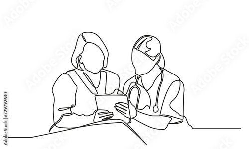 Continuous line drawing of a woman doctor showing patient paper documents. The young female doctor gives female patients consultation sessions while reading medical records. vector illustration
