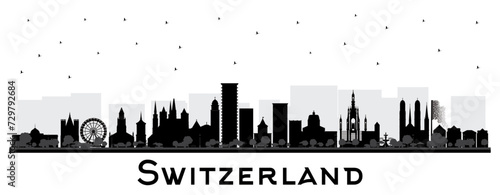 Switzerland City Skyline silhouette with black buildings isolated on white. Modern and Historic Architecture. Switzerland Cityscape with Landmarks. Bern. Basel. Lugano. Zurich. photo
