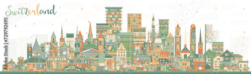 Switzerland City Skyline with color Buildings. Modern and Historic Architecture. Switzerland Cityscape with Landmarks. Bern. Basel. Lugano. Zurich. Geneva.