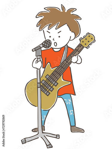 楽器のギターを演奏をしながら歌う、若い男性ミュージシャン