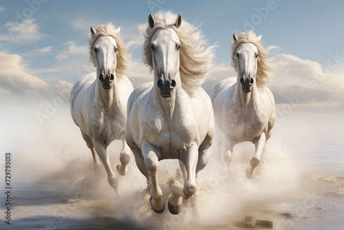 White horses running in the desert. 3d render illustration of horses © Anayat
