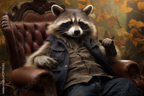 A raccoon in clothes sits relaxed on a leather armchair.