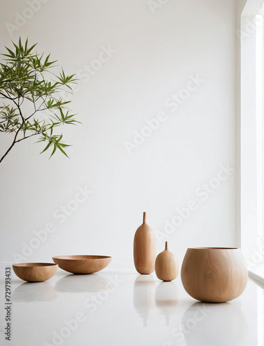Japanese Minimalism - Professional close-up photo of a minimalist living room and kitchen with vibrant pops of color and organic earthy elements Gen AI photo