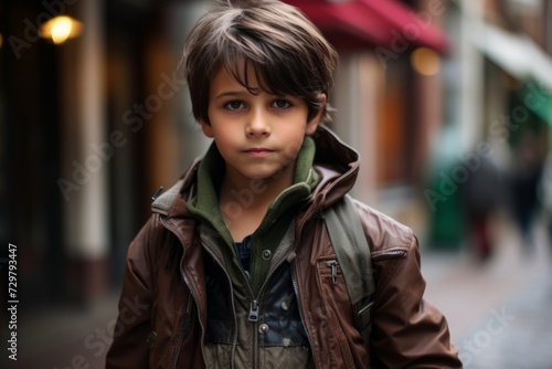 Portrait of a young boy in a coat on a city street