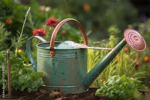 Iron watering can in vegetable garden close-up. Generative AI