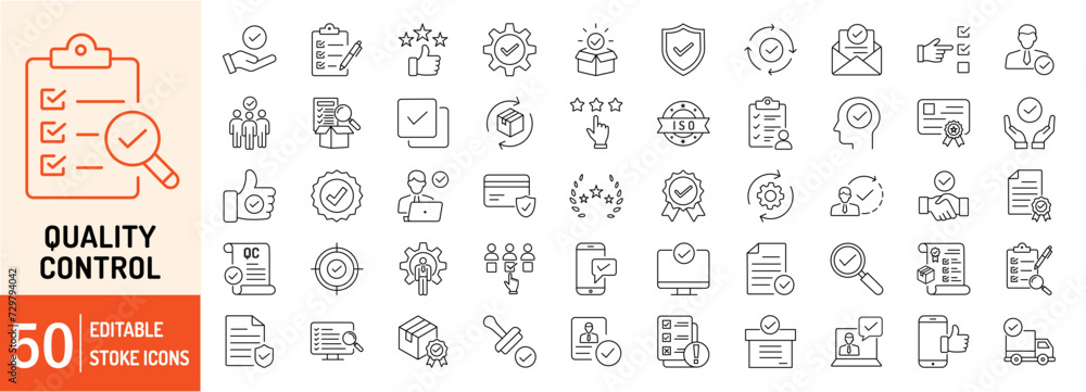 Quality Control editable stroke outline icons set. Check, mark, quality control, checklist, analysis, business, feedback and inspect. Vector illustration