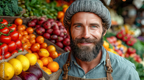 Portrait of a handsome mature man seller standing in front of a vegetable stall