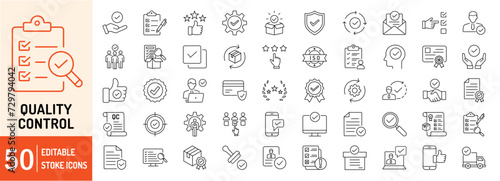 Quality Control editable stroke outline icons set. Check, mark, quality control, checklist, analysis, business, feedback and inspect. Vector illustration