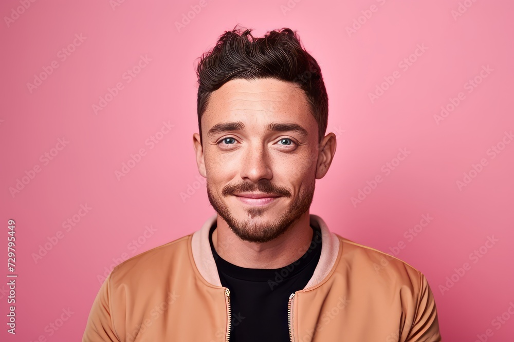 Portrait of a handsome young man with beard looking at camera and smiling against pink background Portrait of a handsome young man with beard looking at camera and smiling against pink background