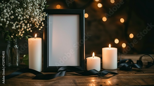 Blank funeral frame, burning candles and black ribbon on wooden table against dark background