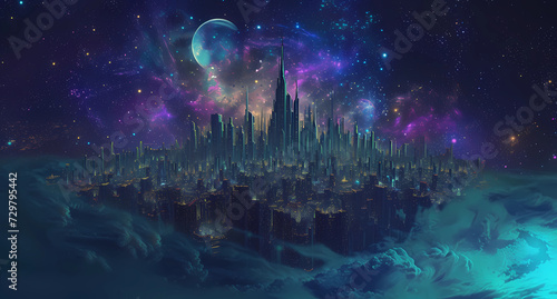 cityscape futuristic city afloat at night