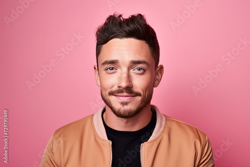 Portrait of a handsome young man with beard looking at camera and smiling against pink background © Chacmool