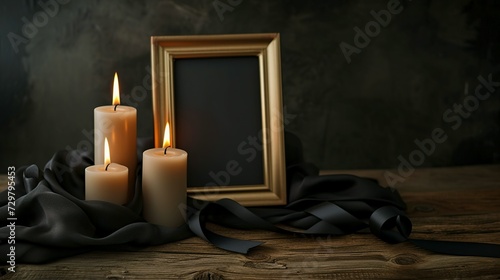 Blank funeral frame, burning candles and black ribbon on wooden table against dark background