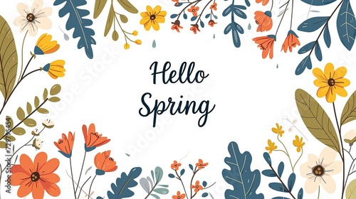 Illustration in a minimalist botanical style with a spring mood new fresh flowers with the text “Hello spring” in centre of picture photo
