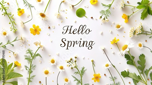 Illustration in a botanical style with a spring mood and white and yellow flowers chamomiles and herbs with the text “Hello spring” in the centre on white background photo