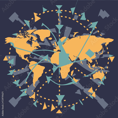 2d vector illustration colorful trading over the world map money bitcoin crypto 
