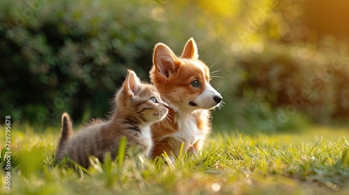Cute corgi puppy and fluffy red kitten are sitting on the lawn in the rays of the sun. advertising of goods for animals, pet food and toys, online animal store