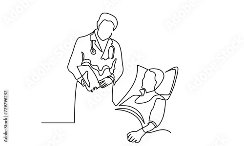 Continuous line drawing of a woman doctor showing patient paper documents.single line drawing of a doctor talking to the lying patient in the bed. Concept of hospital and health care service .