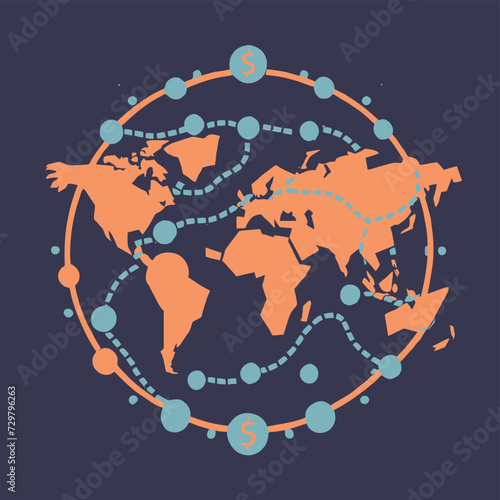 2d vector illustration colorful trading over the world map money bitcoin crypto 
