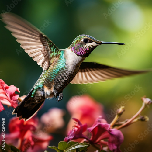 Capture a lively, lifelike, and elegantly flying hummingbird with generative AI.