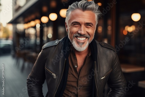 Portrait of a handsome mature man in a leather jacket. He is smiling and looking at the camera.