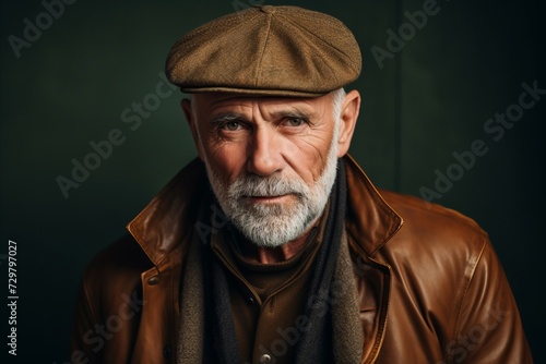 Portrait of a senior man in a brown leather jacket and cap. © Chacmool